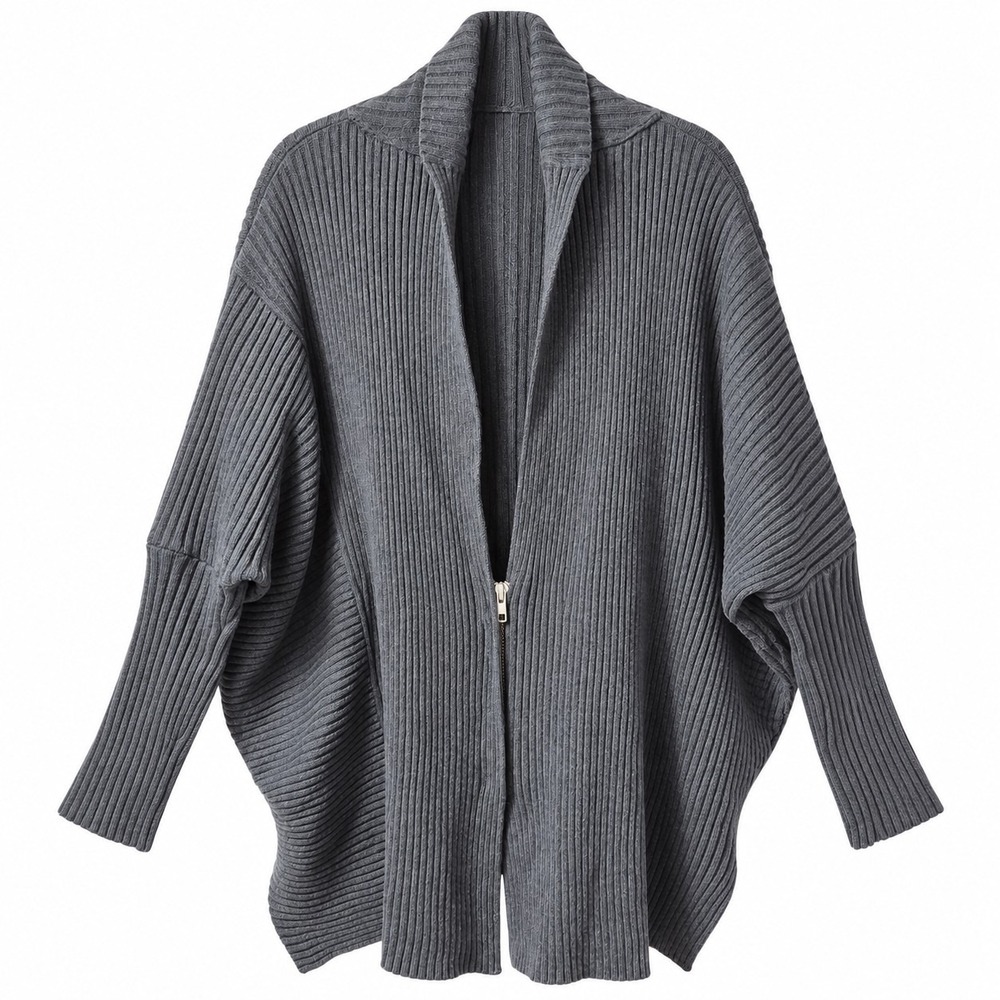 CABI Cosmo Oversized Rib-Knit Zip Cardigan Sz S Dark Gray Boxy Dolman Sleeve GUC
